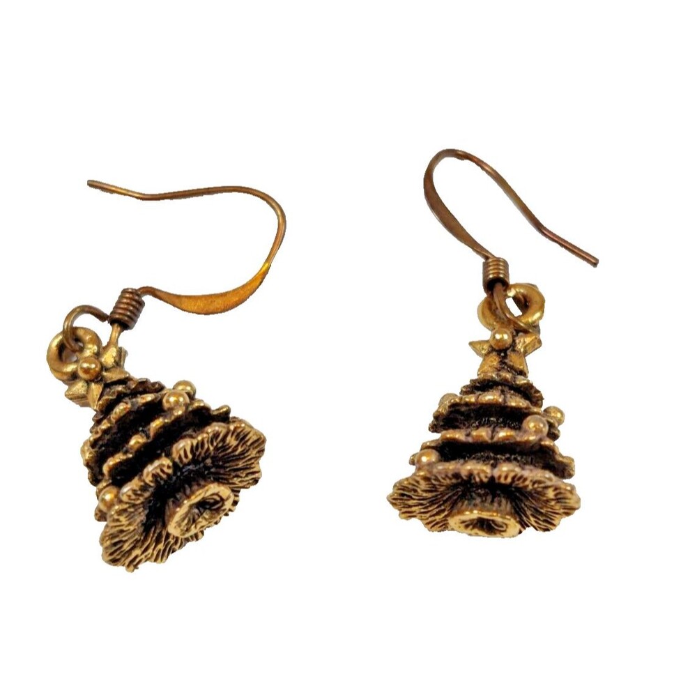 Vintage Gold Tone or Bronze Pine Christmas Tree Dangle Earrings-Happy Holidays
